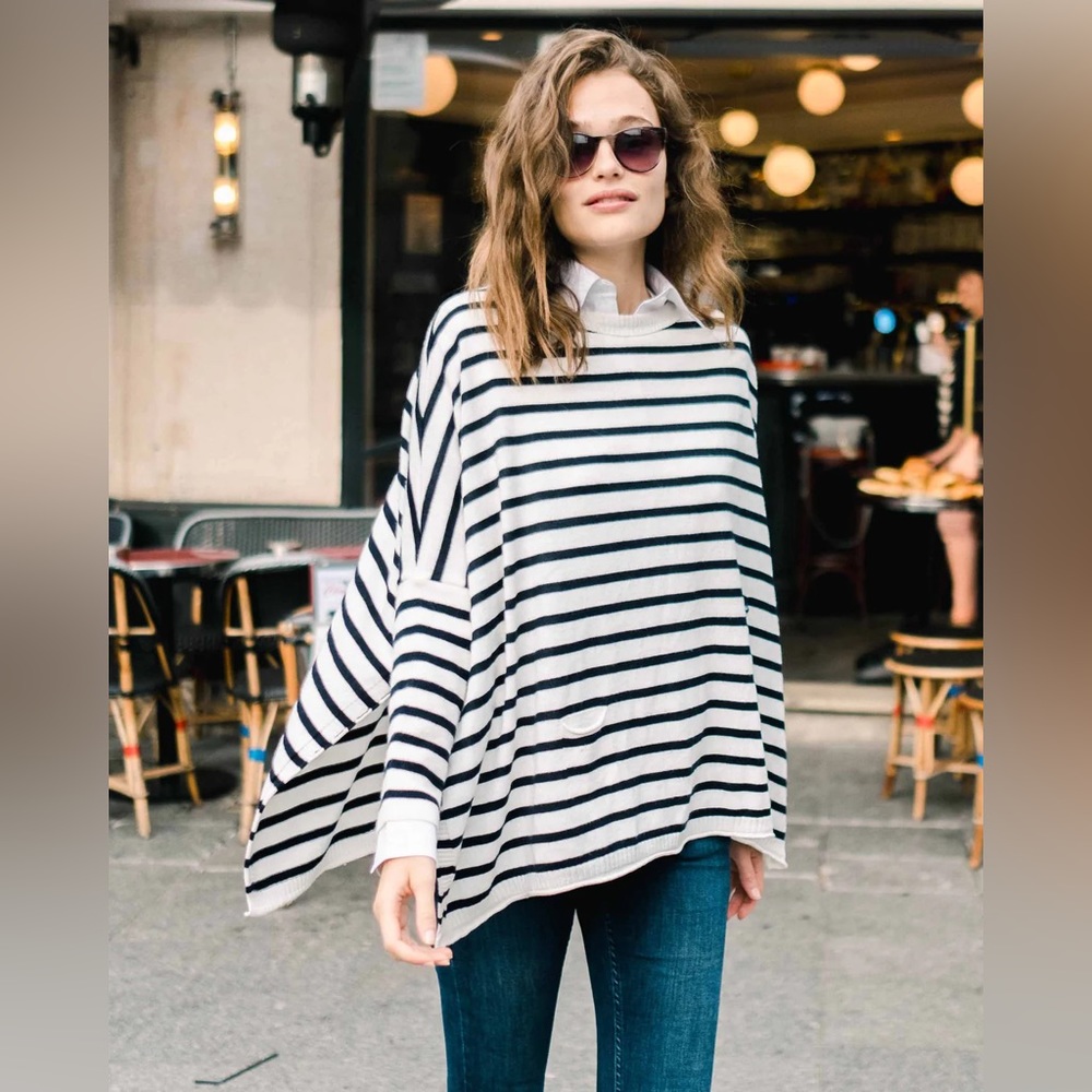 Mersea OS Navy Stripe Knit Catalina Sweater Pullover Oversize Poncho Top Coastal - Picture 10 of 12